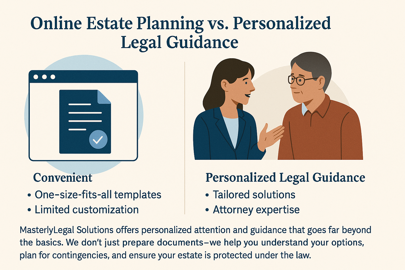 An illustration of online estate planning vs. personalized legal guidance.