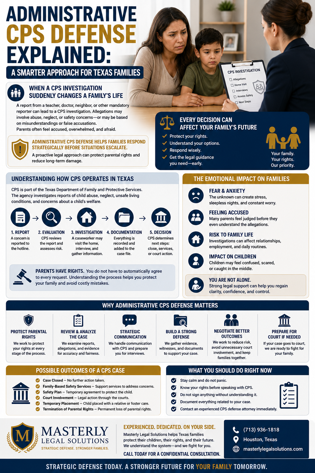 Administrative CPS Defense Explained: A Smarter Approach for Texas Families.” The design features a concerned mother and young child sitting across from a CPS investigator holding a clipboard labeled “CPS Investigation.” The infographic explains how Child Protective Services investigations in Texas can suddenly disrupt family life after reports from teachers, doctors, neighbors, or other mandatory reporters. Sections describe how CPS operates under the Texas Department of Family and Protective Services and explain the stages of a CPS investigation, including reports, evaluation, investigation, documentation, and decisions regarding services or court action. The infographic emphasizes that parents still have legal rights during investigations and encourages families to respond strategically before situations escalate. Additional sections outline the emotional impact on families, including fear, anxiety, feelings of being accused, disruption to family life, and stress on children. Another section explains why administrative CPS defense matters by highlighting protection of parental rights, case review and analysis, strategic communication with CPS, building a strong defense, negotiating better outcomes, and preparing for court if necessary. The infographic also lists possible outcomes of CPS cases, including case closure, family-based safety services, safety plans, court involvement, temporary placement, or termination of parental rights. A “What You Should Do Right Now” section advises parents to stay calm, know their rights, avoid signing documents without understanding them, document everything, and contact an experienced CPS defense attorney immediately. The bottom of the infographic features the Masterly Legal Solutions logo, Houston contact information, and messaging about protecting families through strategic legal defense.