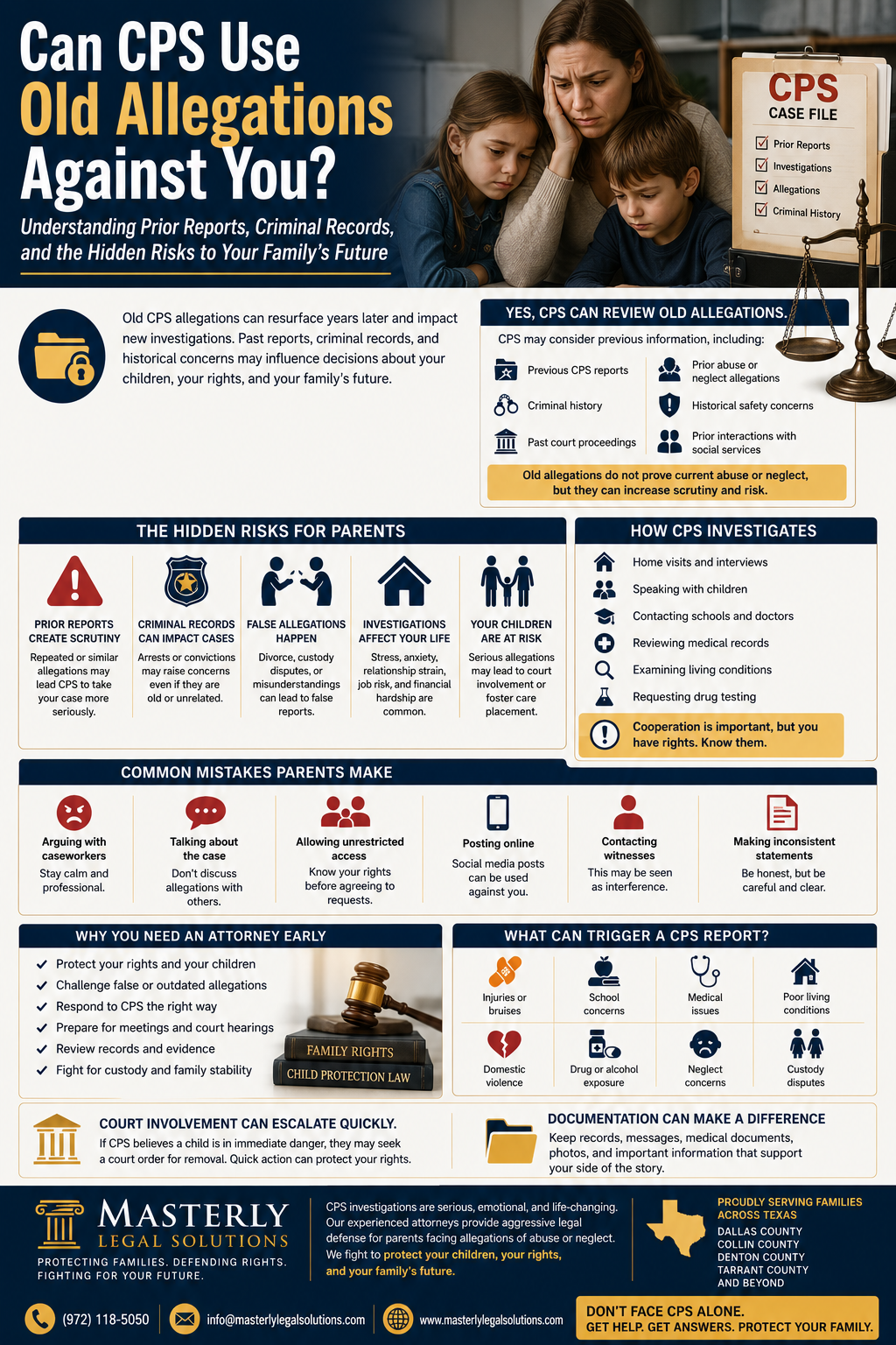 Can CPS Use Old Allegations Against You?” featuring a worried mother sitting with two children beside a CPS case file clipboard and scales of justice. The infographic explains how prior CPS reports, criminal records, and historical allegations may resurface during future Child Protective Services investigations and affect custody, parental rights, and family stability. Multiple sections describe how CPS investigates families through home visits, interviews, school reports, medical records, and criminal history reviews. The infographic also warns parents about common mistakes during CPS investigations, including arguing with caseworkers, posting online, discussing allegations publicly, and making inconsistent statements. Additional panels explain false allegations, custody disputes, foster care risks, emergency removal concerns, and the importance of preserving evidence and seeking legal counsel early. The bottom section promotes Masterly Legal Solutions as a Texas law firm helping families defend against CPS allegations, protect parental rights, and safeguard their children’s future.