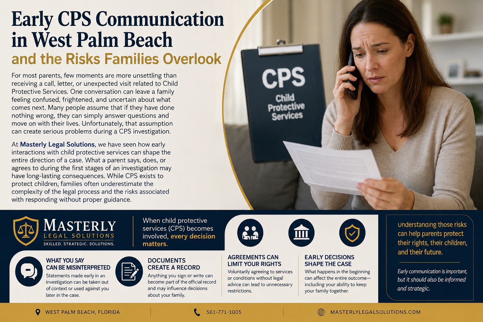 Early CPS Communication in West Palm Beach and the Risks Families Overlook.” The design features a navy blue, white, and gold color scheme. On the right, a concerned mother sits at home holding a letter while speaking on the phone, with a clipboard labeled “CPS Child Protective Services” displayed behind her. On the left, informational text explains how early interactions with Child Protective Services can impact the direction of an investigation and create long-term consequences for families. The bottom section includes the Masterly Legal Solutions logo and highlights key risks, including statements being misinterpreted, documents creating an official record, agreements limiting parental rights, and early decisions shaping the outcome of a case. A sidebar emphasizes that understanding these risks can help parents protect their rights, their children, and their future. Contact information and a West Palm Beach, Florida location reference appear along the bottom.