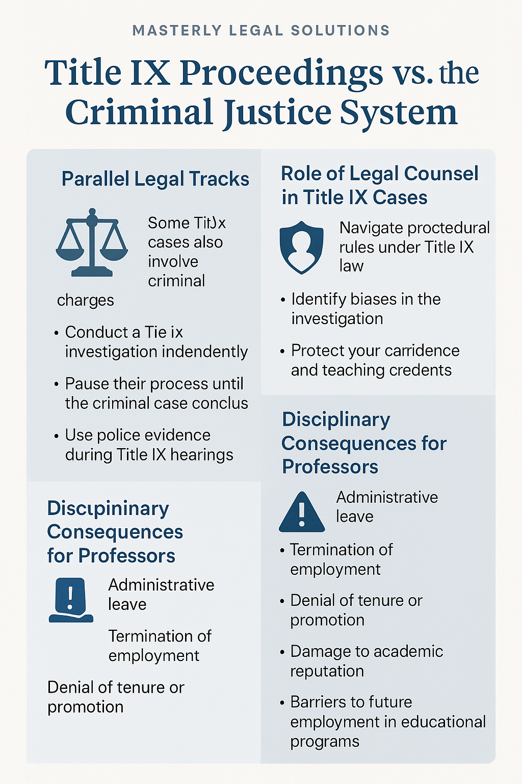 Parallel Legal Tracks – Notes that Title IX cases may run alongside criminal charges, with universities possibly conducting independent investigations, pausing for criminal outcomes, or using police evidence.