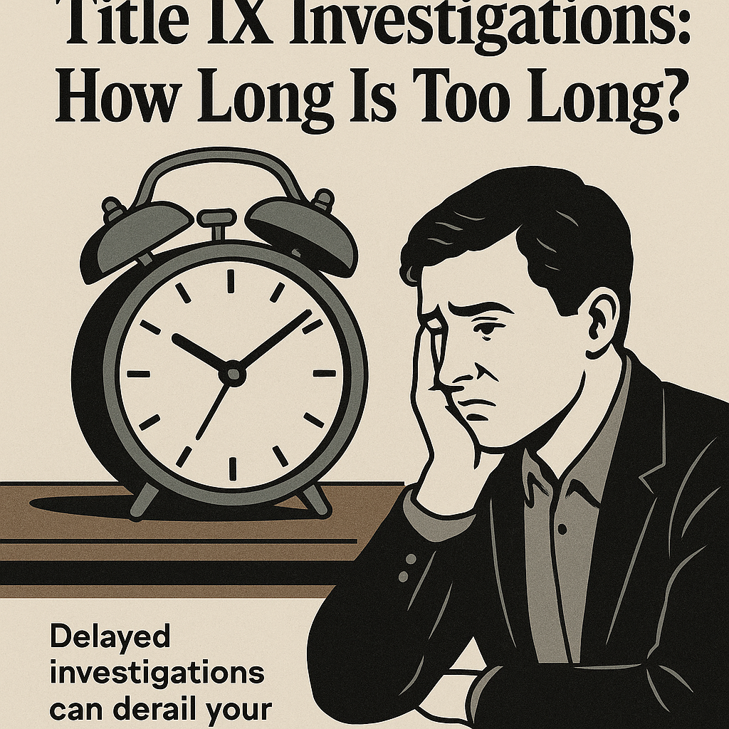 A man sitting in front of an alarm clock with the words title ix investigations how long is too long