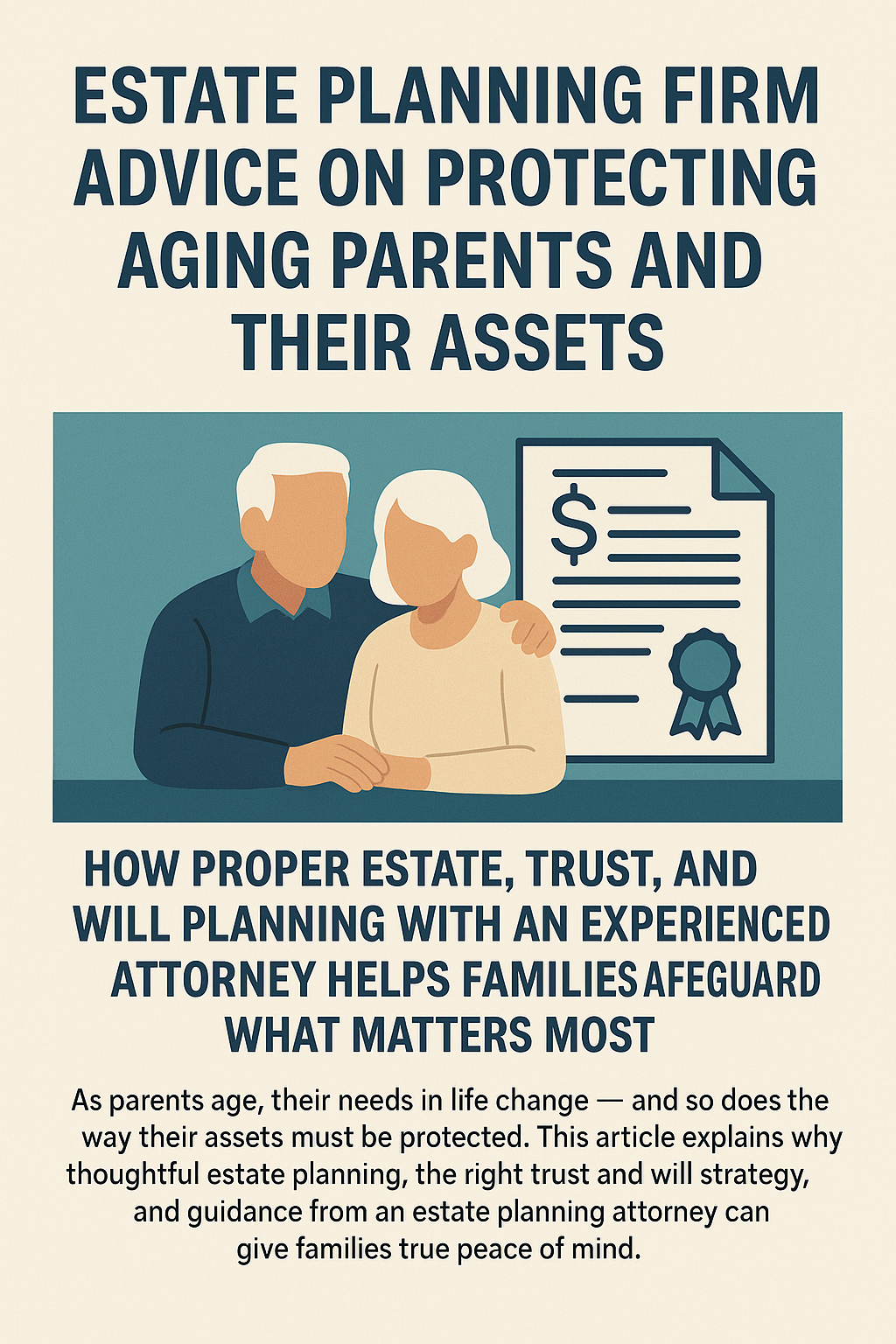 Digital flyer featuring an illustration of an elderly couple sitting together beside a large legal document with a signature and seal. The heading reads ‘Estate Planning Firm Advice on Protecting Aging Parents and Their Assets.’ Subheading explains how proper estate, trust, and will planning with an experienced attorney helps families safeguard what matters most. The flyer uses muted teal, beige, and navy colors and presents a warm, supportive message about protecting aging parents’ finances and wishes.