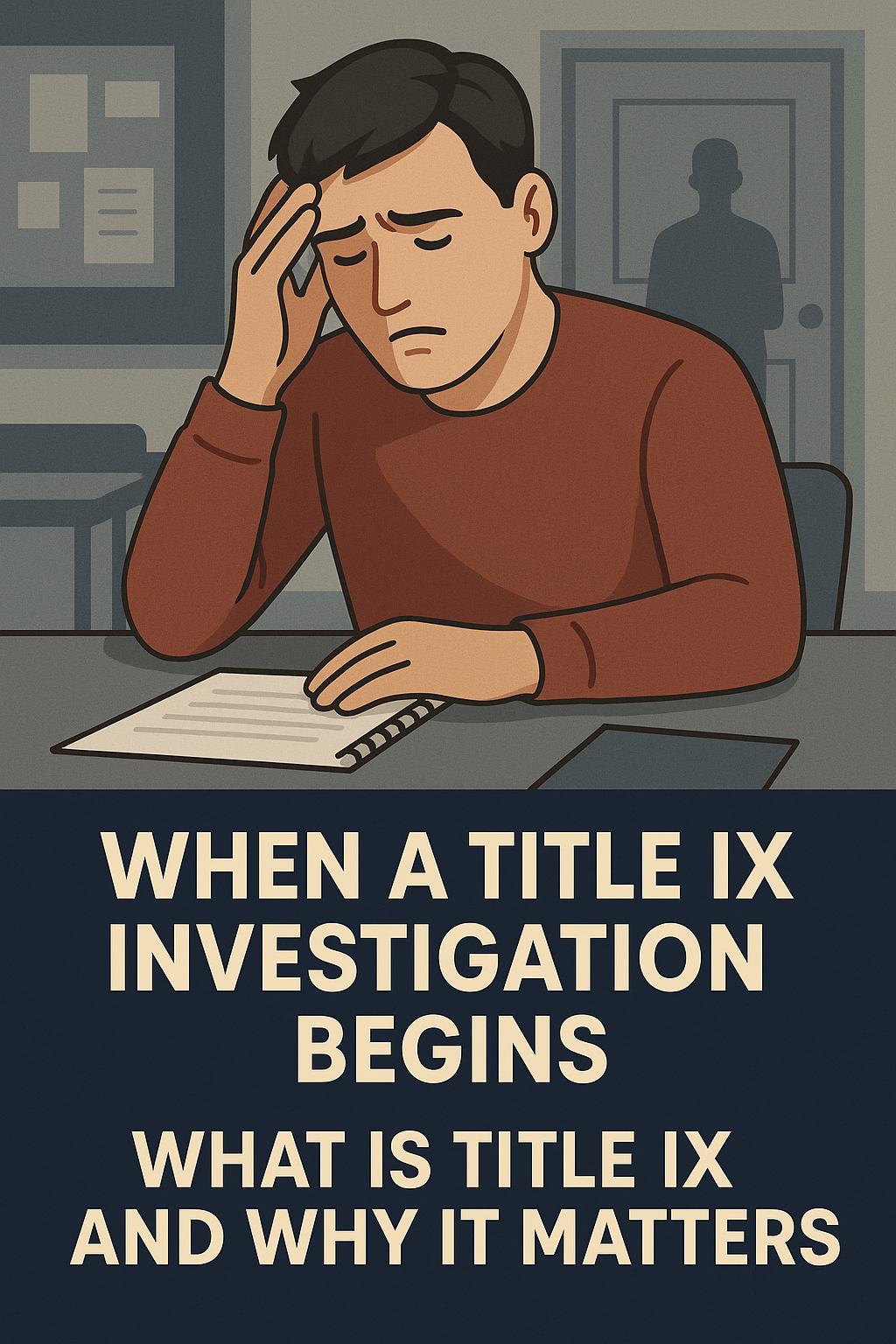 When a Title IX Investigation Begins — What Is Title IX and Why It Matters.” The muted color palette and serious expression convey concern and urgency.