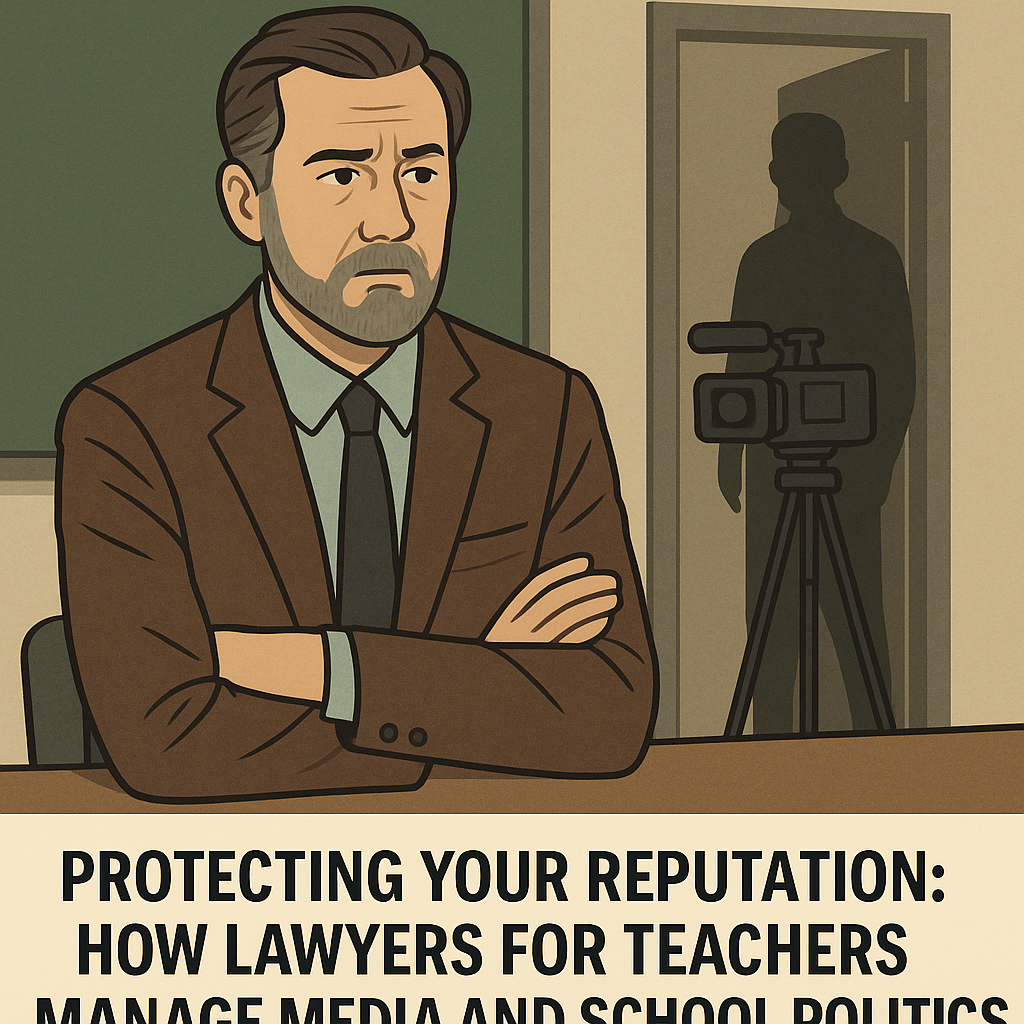 Protecting Your Reputation: How Lawyers for Teachers Manage Media and School Politics.” The muted tones and serious expression convey professionalism and tension.