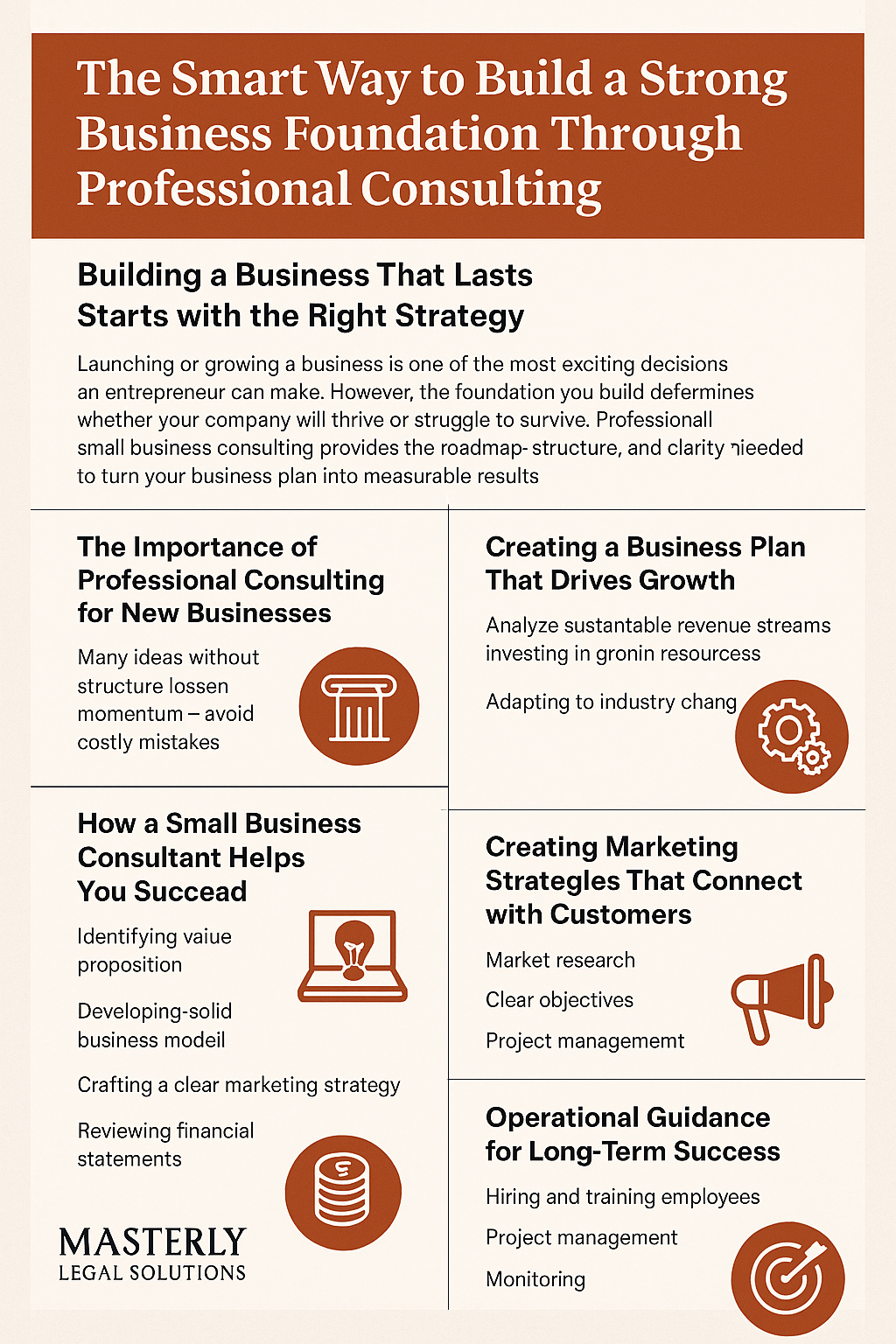 The Smart Way to Build a Strong Business Foundation Through Professional Consulting.” It features sections on building a business that lasts, the importance of professional consulting, creating a business plan, small business consulting benefits, marketing strategies, and operational guidance. The design uses a red, orange, black, and white color scheme with icons for finance, marketing, and strategy, highlighting how consulting supports long-term business success.