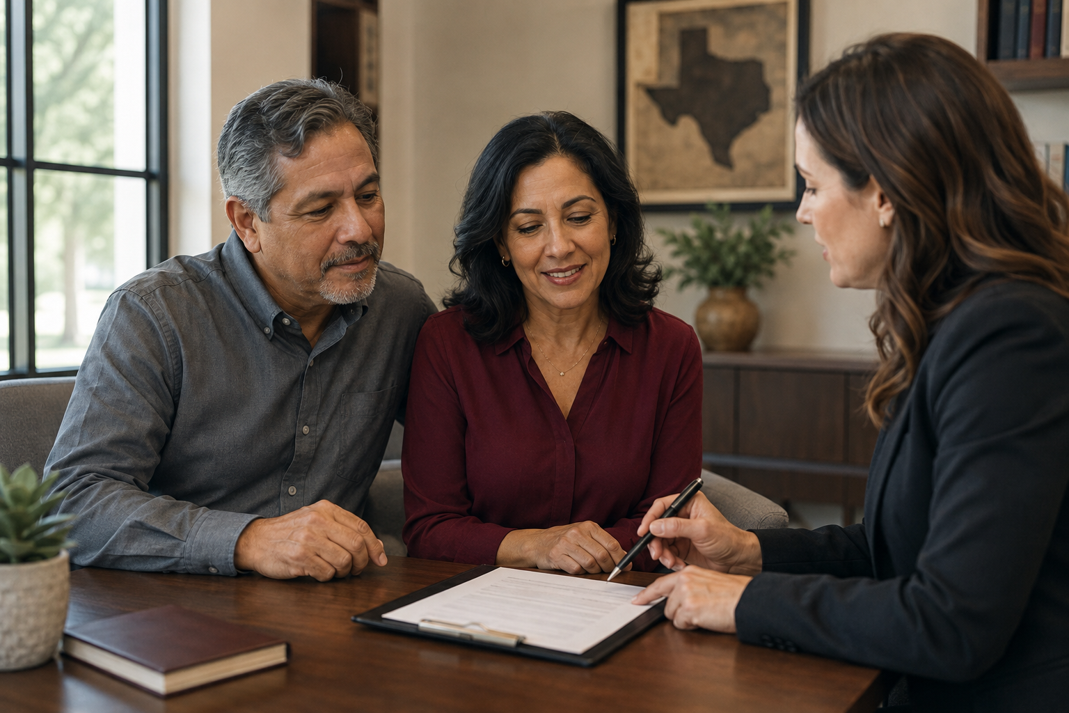 Texas couple reviewing a medical power of attorney document with a legal professional in a modern office.