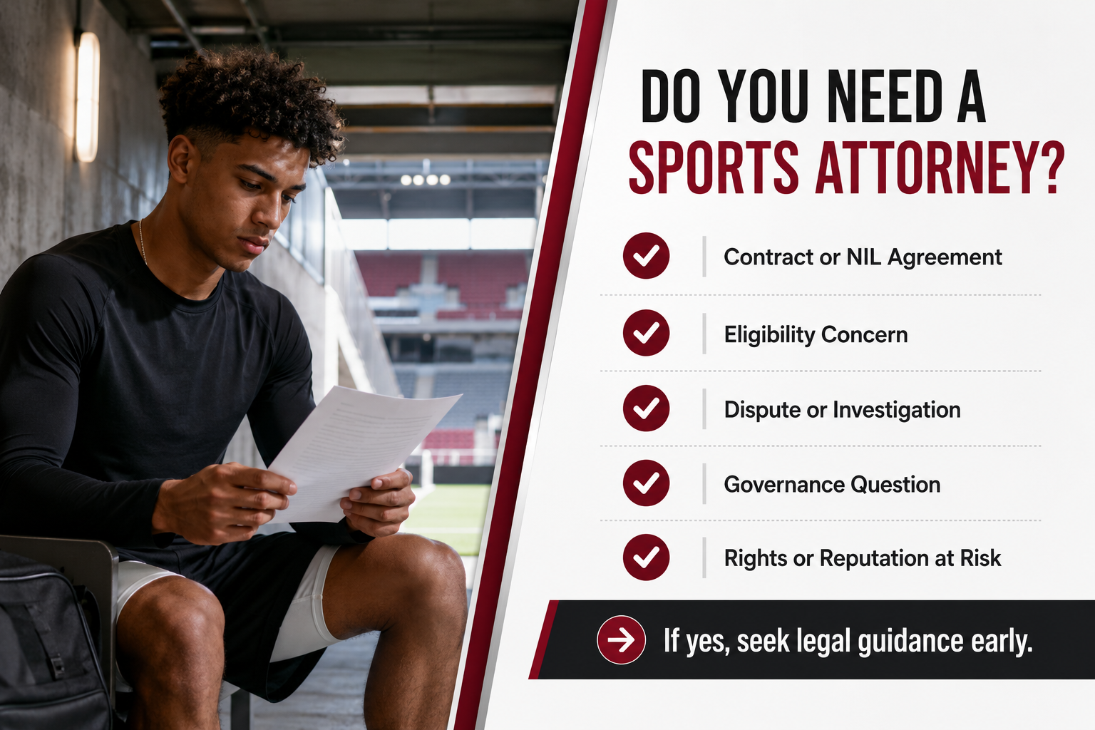 Sports attorney decision checklist featuring an athlete reviewing documents and key legal concerns involving contracts, NIL, eligibility, disputes, governance, and reputation.