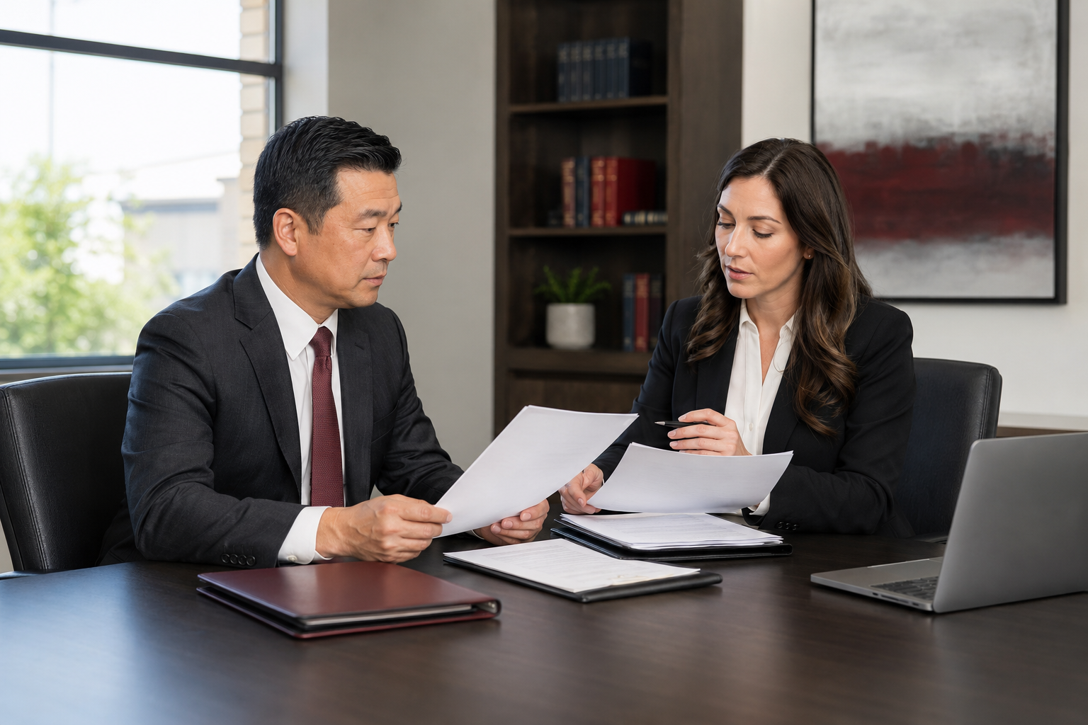 Educator reviewing certificate defense documents with a legal professional.
