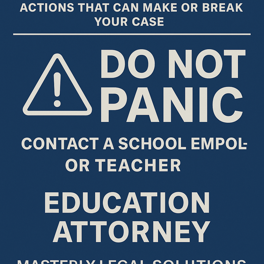Informational graphic by Masterly Legal Solutions with a dark blue background. Large bold text reads 'Do Not Panic' with an exclamation warning icon. Additional text highlights 'Actions That Can Make or Break Your Case,' advising teachers and school employees facing TEA complaints to contact an education attorney immediately.