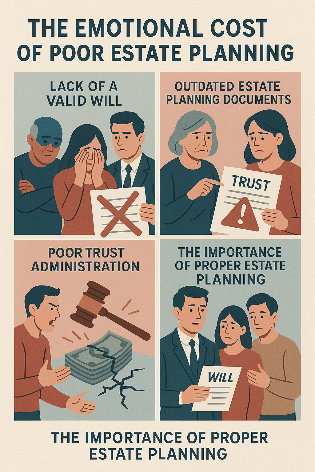 The Emotional Cost of Poor Estate Planning’ divided into four illustrated sections. Top left: a distressed family holding a voided will, labeled ‘Lack of a Valid Will.’ Top right: two women holding a trust document with a warning symbol, labeled ‘Outdated Estate Planning Documents.’ Bottom left: a man angrily gesturing at broken money stacks with a judge’s gavel above, labeled ‘Poor Trust Administration.’ Bottom right: a family with an attorney holding a will, labeled ‘The Importance of Proper Estate Planning.