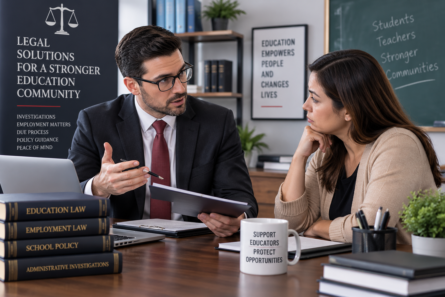 Education lawyer meeting with an educator about a high-stakes school investigation and employment matter