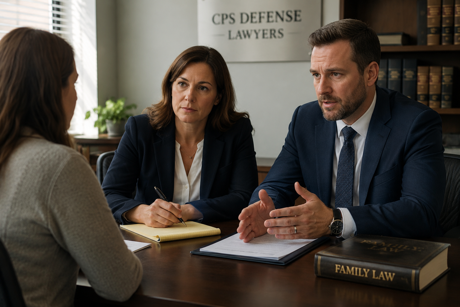 Premium realistic visual of CPS lawyers consulting with a parent in a professional family law office.