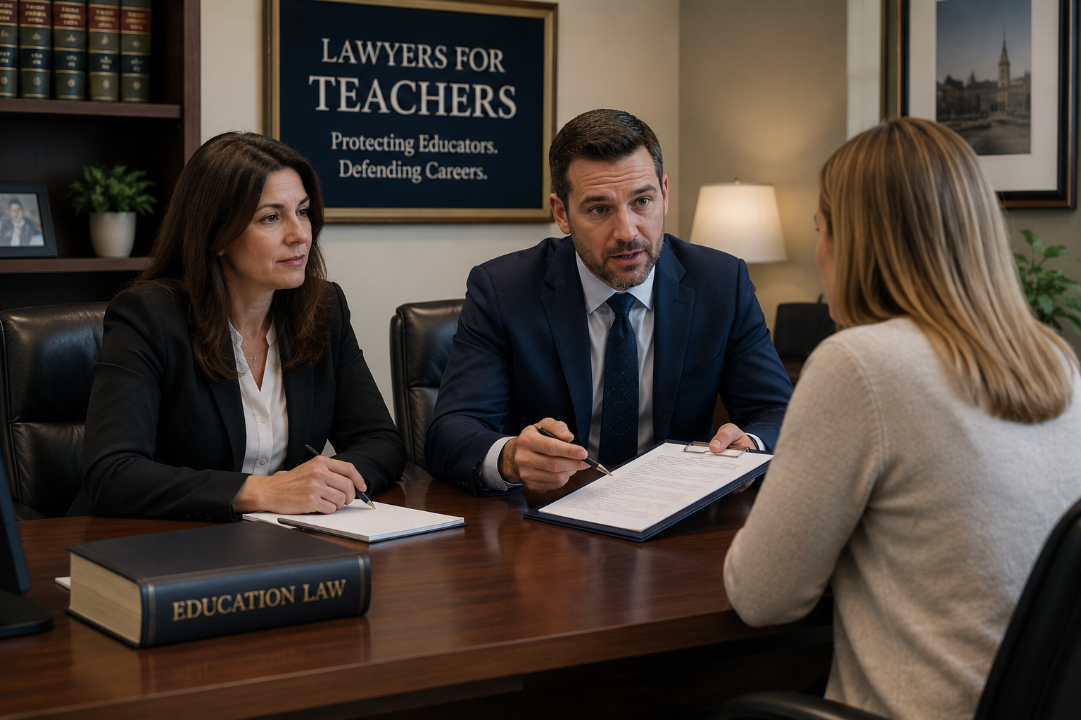 Premium realistic visual of lawyers advising a teacher in a professional legal office.
