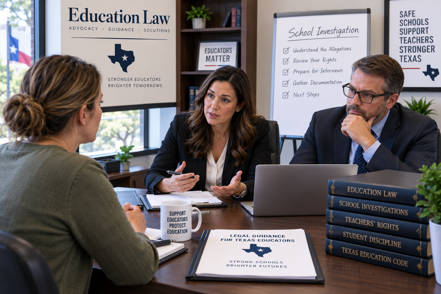Education law lawyers meeting with a Texas teacher about a school investigation