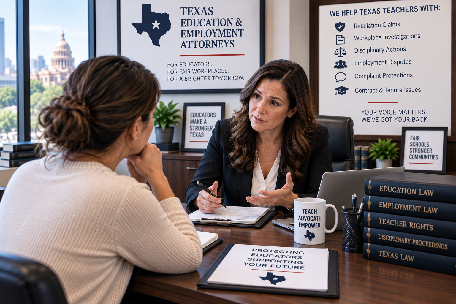 Texas teacher meeting with an education employment attorney about possible retaliation after a complaint