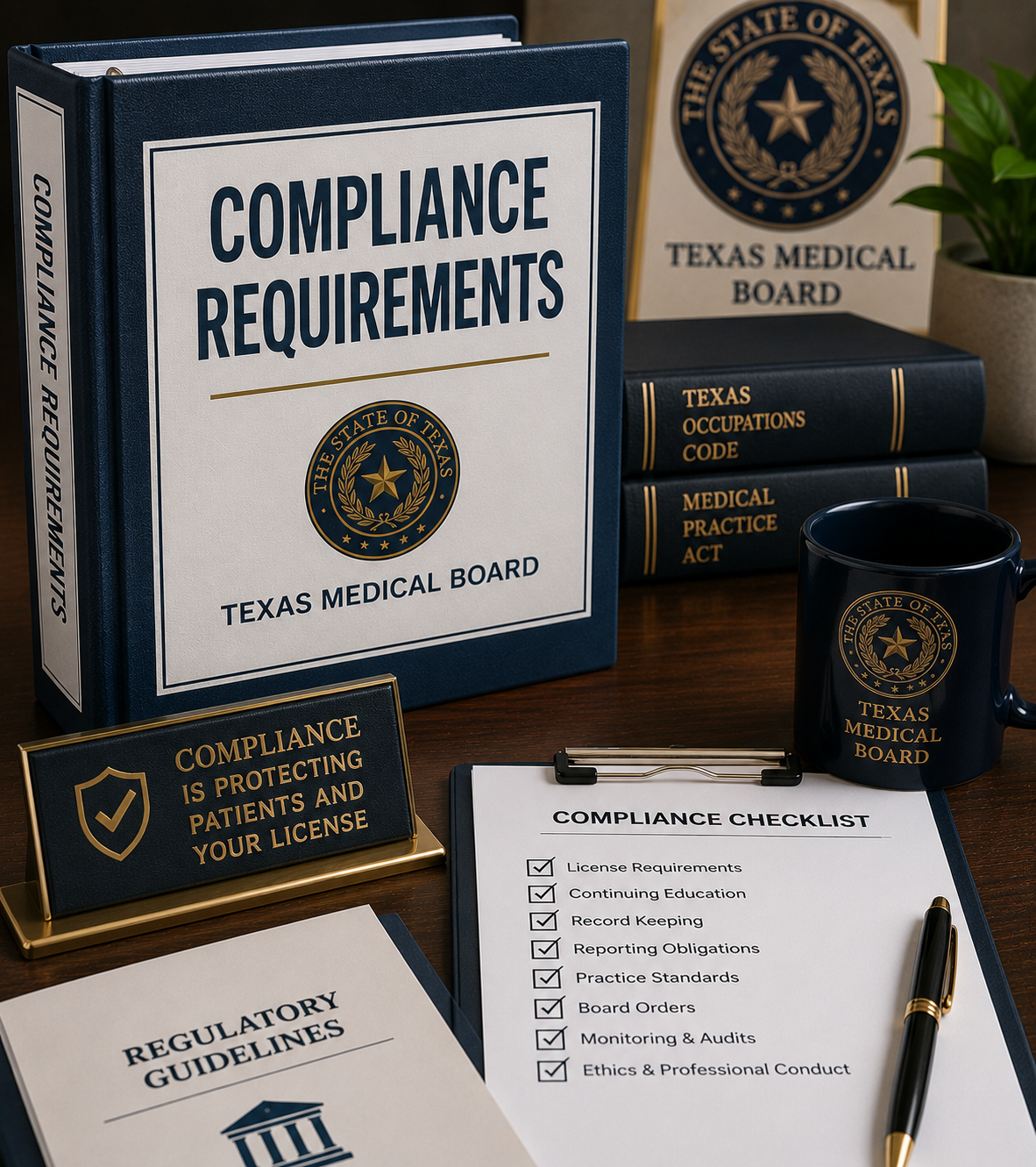 Texas Medical Board compliance materials, binders, books, mug, and checklist on a desk.