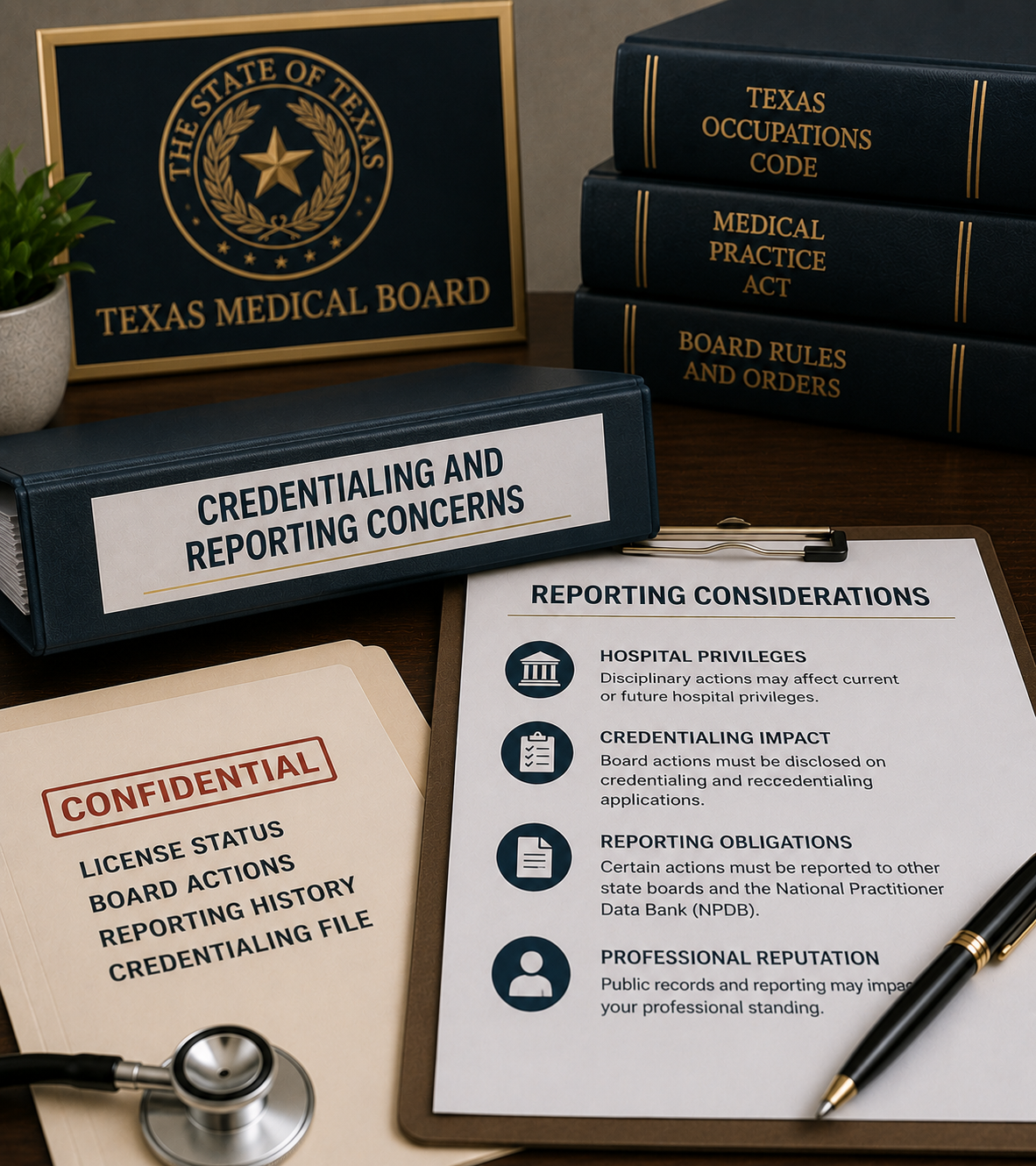Texas Medical Board books, seal, and credentialing and reporting forms on a desk