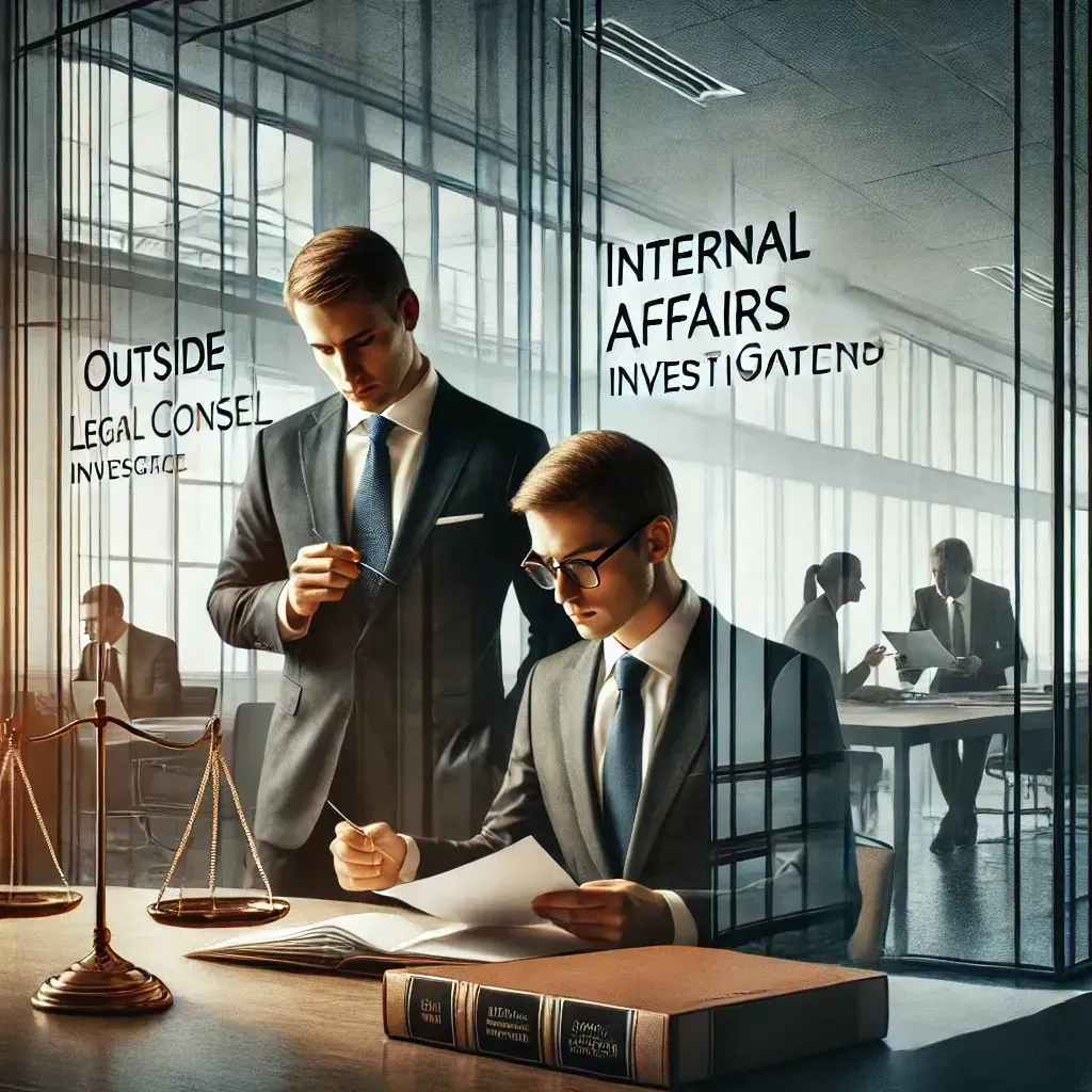 A company office where outside legal counsel and internal affairs investigators work together.
