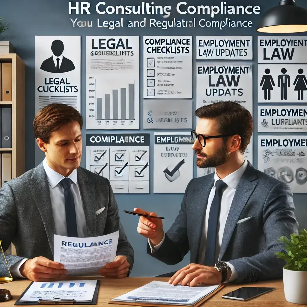 An office scene showing an HR consultant discussing legal and regulatory compliance with a business owner. The consultant is pointing to a document, while a board in the background displays charts, compliance checklists, and employment law updates. The image emphasizes the importance of HR consulting services in keeping businesses compliant with evolving regulations.