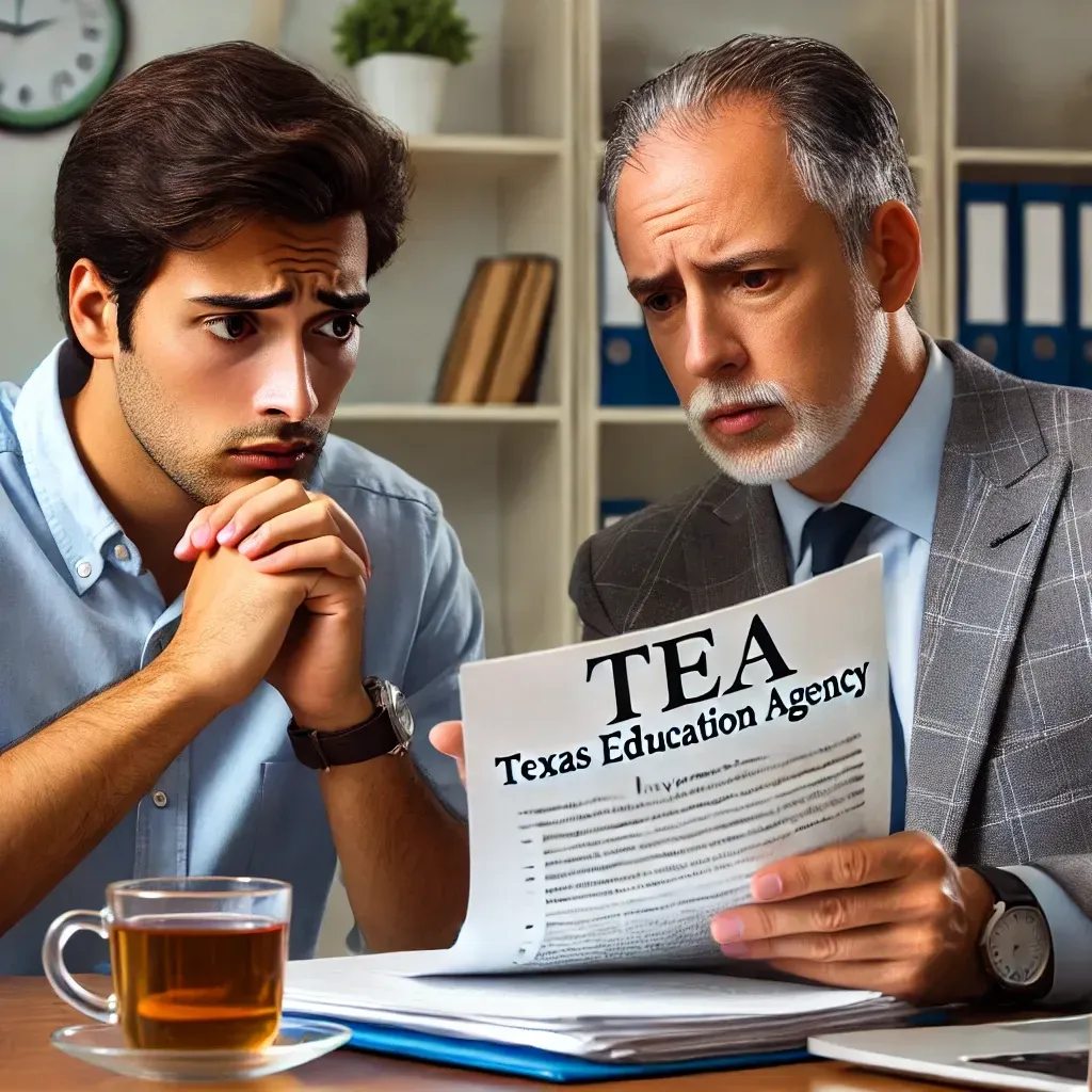 Two men are looking at a texas education agency newspaper