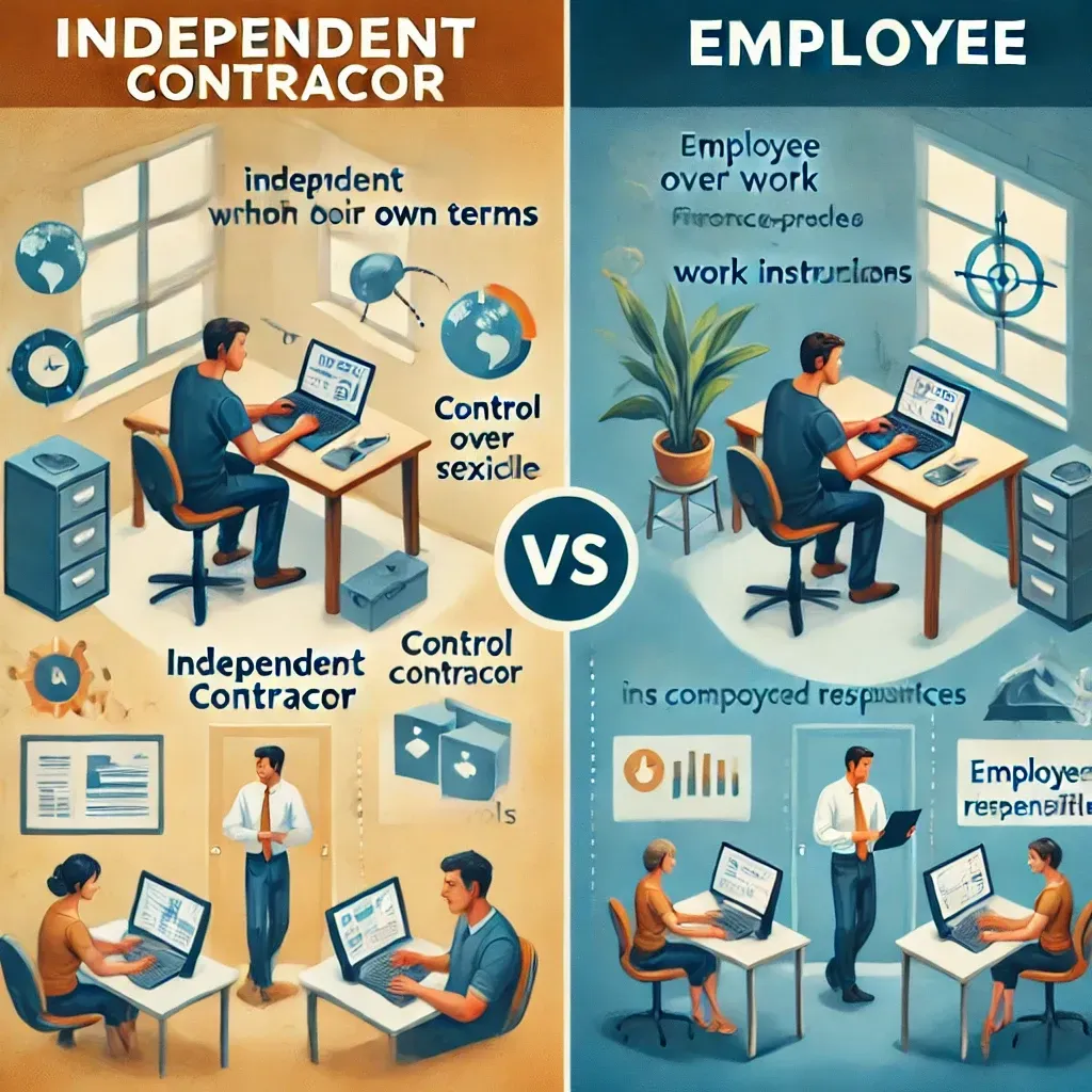 A side-by-side comparison showing an independent contractor working remotely with flexible hours and their own tools, contrasted with an employee in an office setting following specific work instructions using company-provided resources. The image highlights the legal differences in control, financial responsibilities, and the availability of employee benefits.