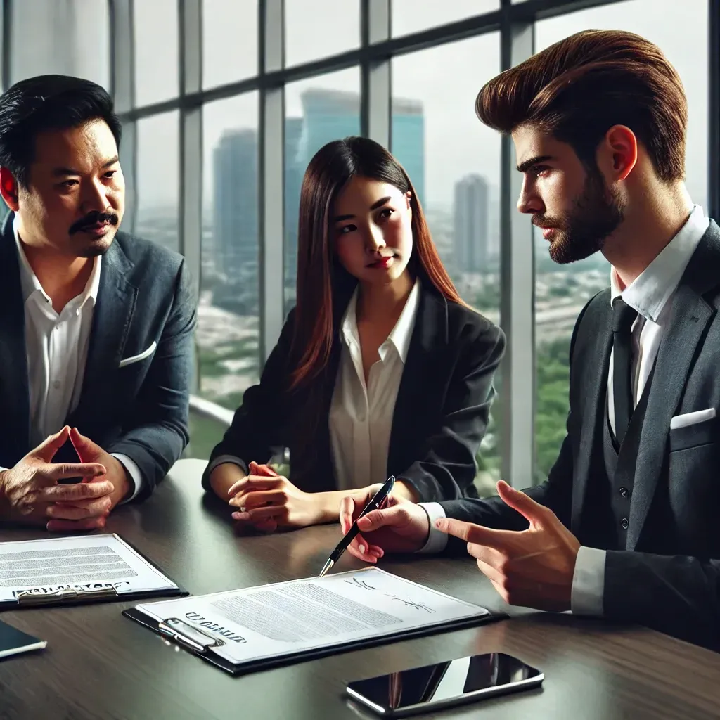 A professional business meeting in a modern office with a lawyer in a suit discussing a contract with two business owners. The lawyer is pointing to legal documents on a table, which also holds a laptop. Large windows show a cityscape, emphasizing the local setting. The scene conveys the importance of choosing a local contract law attorney for understanding regional laws and providing immediate legal assistance.