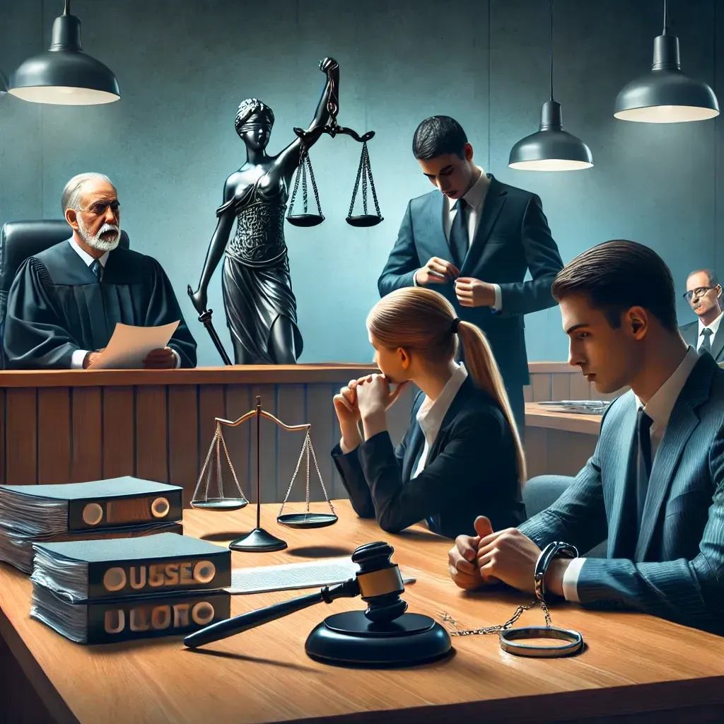 A courtroom scene where a judge presides over a misappropriation of funds case. The defendant, an employee, sits nervously at the table, while a business owner and their lawyer present evidence. The setting highlights the serious legal consequences, including potential fines, prison time, and reputational damage for the accused.