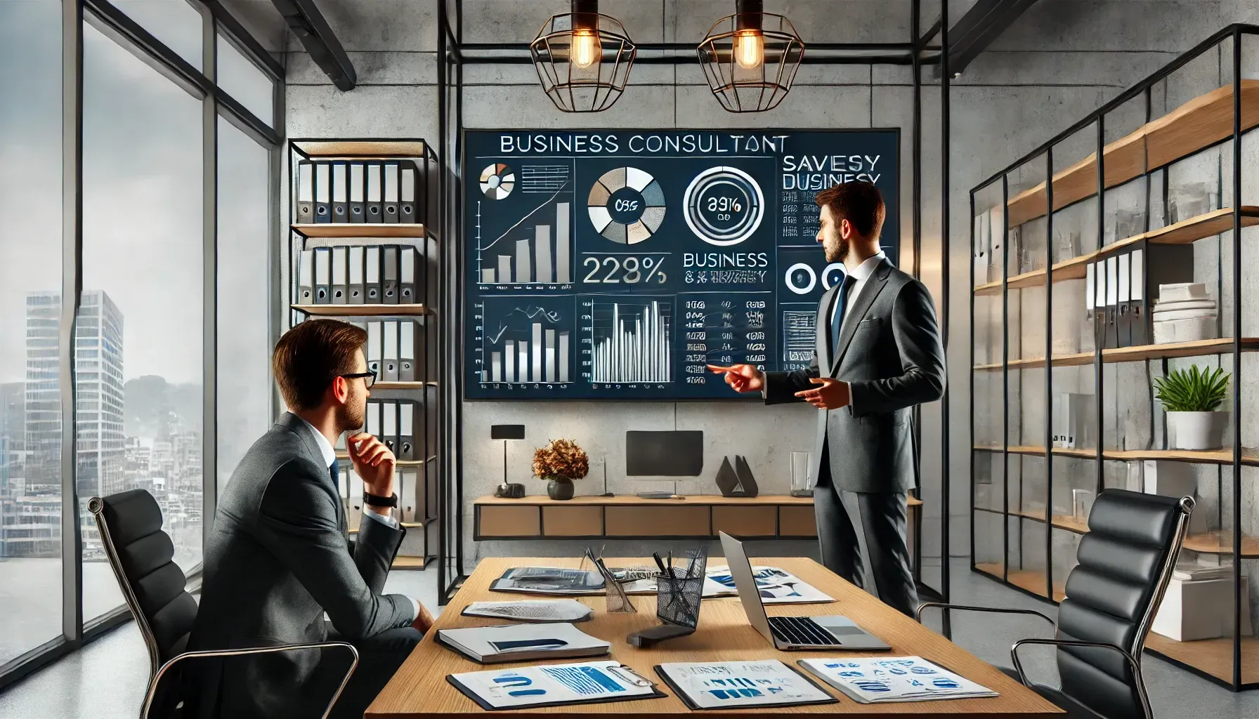 A business consultant presenting a strategy using charts and financial data on a large screen in a modern office, while a business owner takes notes. The scene emphasizes collaboration, efficiency, and problem-solving to save time and money through consulting services.