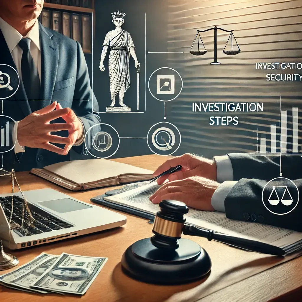A man in a suit and tie is sitting at a desk with a laptop and a gavel.
