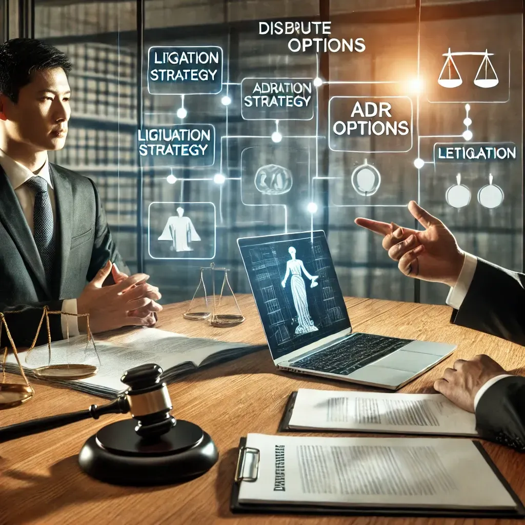 Two men are sitting at a table with a laptop and a judge 's gavel.