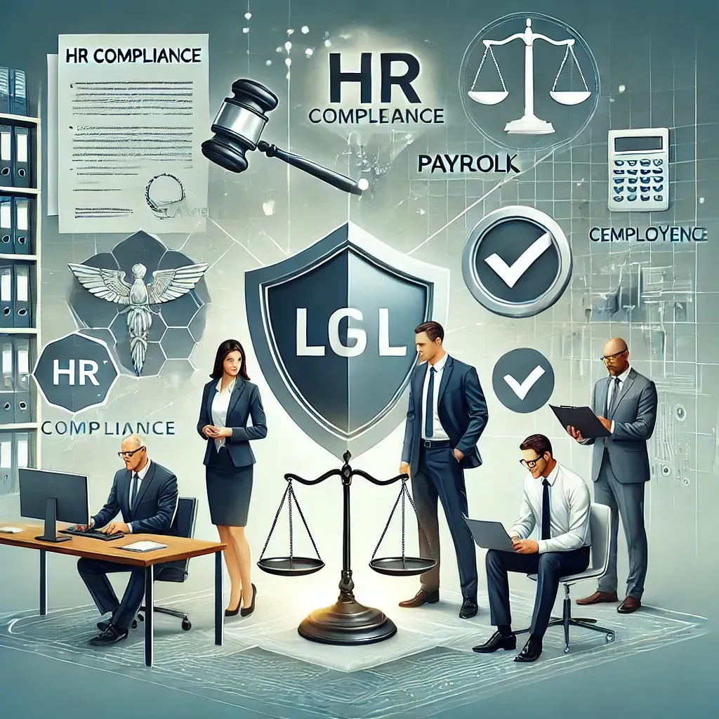 A professional office setting with HR professionals consulting a business owner, featuring symbols of legal protection like a shield, scales of justice, and compliance checkmarks. Documents labeled 'HR Compliance,' 'Payroll,' and 'Employee Classification' emphasize the scope of HR outsourcing services and their role in managing legal risks efficiently.