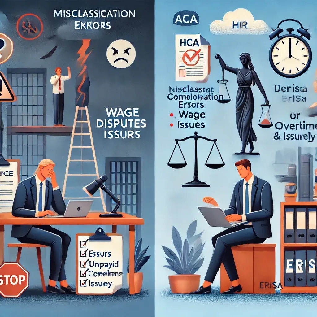 A dual-scene illustration showing HR pitfalls and solutions: one side depicts a frustrated business owner facing misclassification errors and wage disputes, while the other shows HR professionals ensuring compliance with ACA and ERISA regulations. Symbols like compliance checkmarks, overtime clocks, and balanced scales emphasize the importance of legal-focused HR outsourcing.