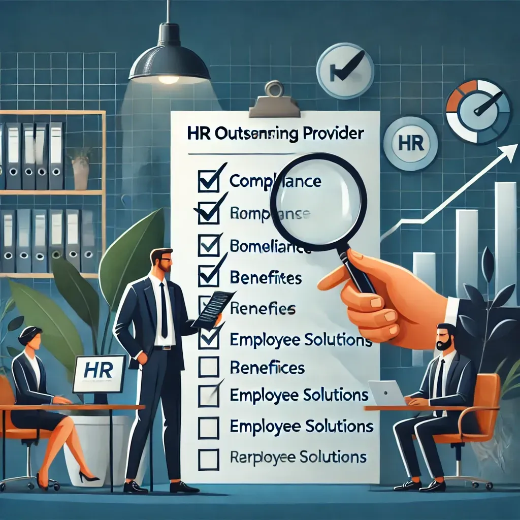 A business owner and an HR consultant reviewing a checklist in a modern office, with symbols like a magnifying glass, compliance documents, and a handshake representing careful selection of an HR outsourcing provider. Scalable graphs in the background highlight growth and tailored solutions for small businesses.