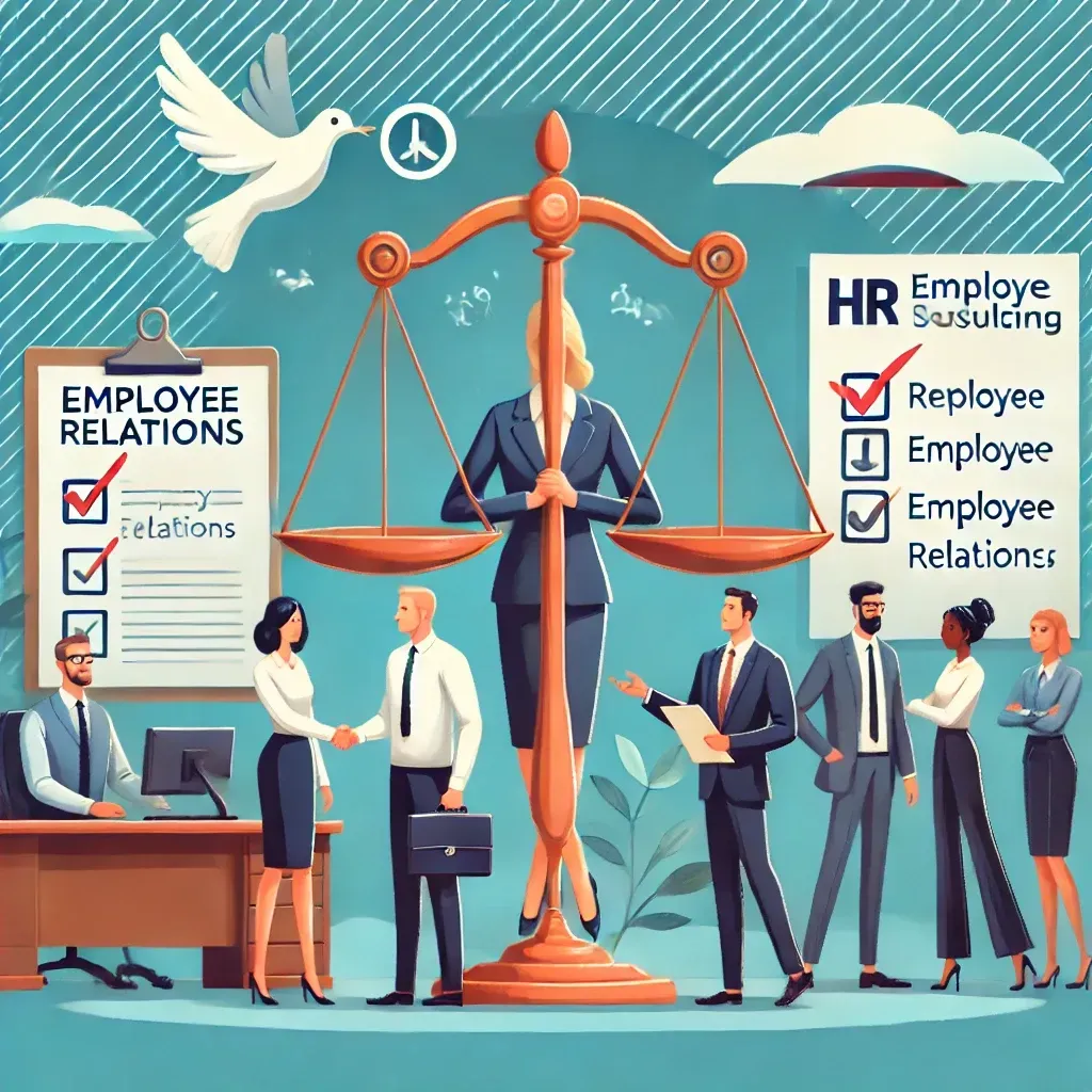 An HR consultant mediating a workplace dispute between two employees in a professional office setting, with symbols like a balanced scale, peace dove, and checklist labeled 'Employee Relations.' In the background, a diverse team collaborates, reflecting a positive company culture supported by HR outsourcing.