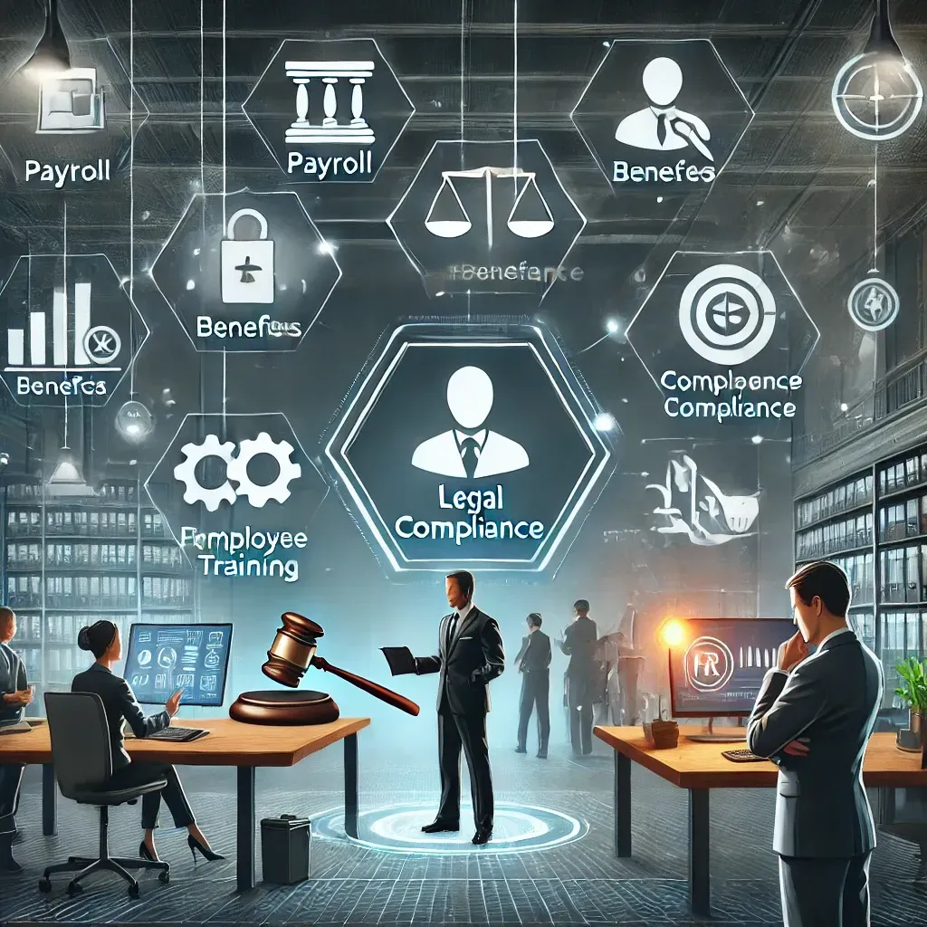 A business owner collaborating with HR professionals in a modern workspace, with HR software dashboards displaying 'Payroll,' 'Benefits,' and 'Employee Training.' Symbols like a compliance checklist and gavel emphasize legal compliance and streamlined operations achieved through HR outsourcing.