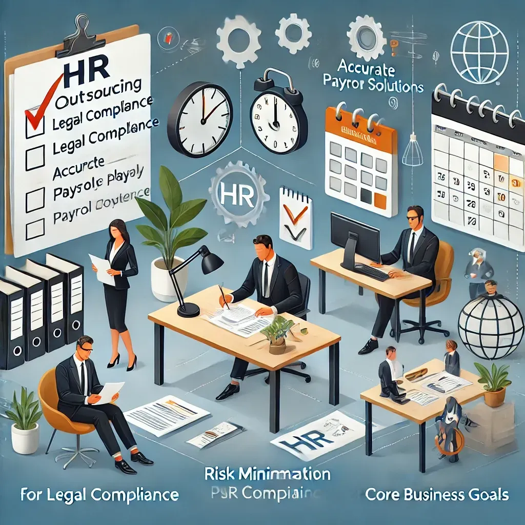 HR professionals collaborating with a business owner in a well-organized office, surrounded by symbols like a compliance checklist, payroll documents, and a calendar with marked deadlines. The scene highlights the benefits of outsourcing HR for legal compliance, efficiency, and risk minimization.