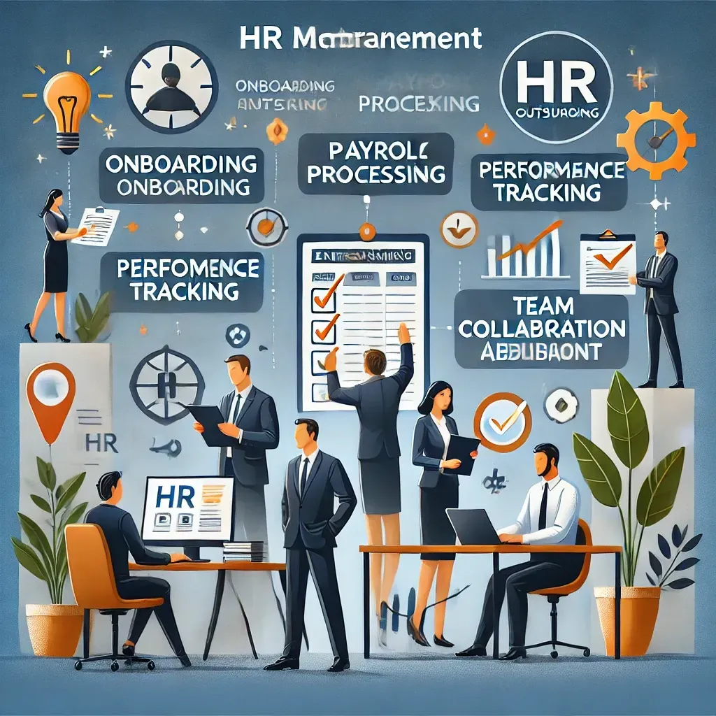 HR professionals using advanced tools to manage onboarding, payroll, performance tracking, and benefits administration, with symbols like a satisfaction survey, compliance checklist, and collaboration board. The scene emphasizes how HR outsourcing enhances employee management, fostering a productive and compliant workplace.