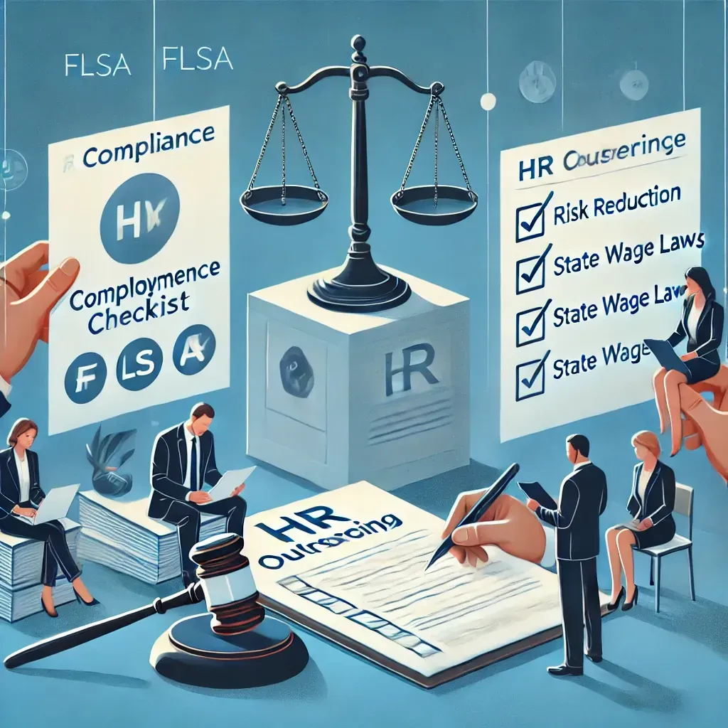 HR experts reviewing compliance checklists and legal documents with a business owner, surrounded by symbols like a gavel, scales of justice, and documents labeled 'FLSA' and 'State Wage Laws,' emphasizing the role of HR outsourcing in ensuring legal compliance and reducing risks.