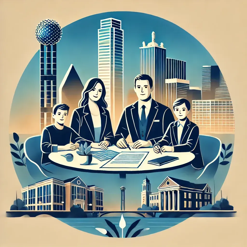 A modern illustration of a family in Dallas, Texas, sitting together at a table with financial and legal documents, with a backdrop of Dallas landmarks such as Reunion Tower and the Margaret Hunt Hill Bridge, symbolizing security and trust in estate planning.