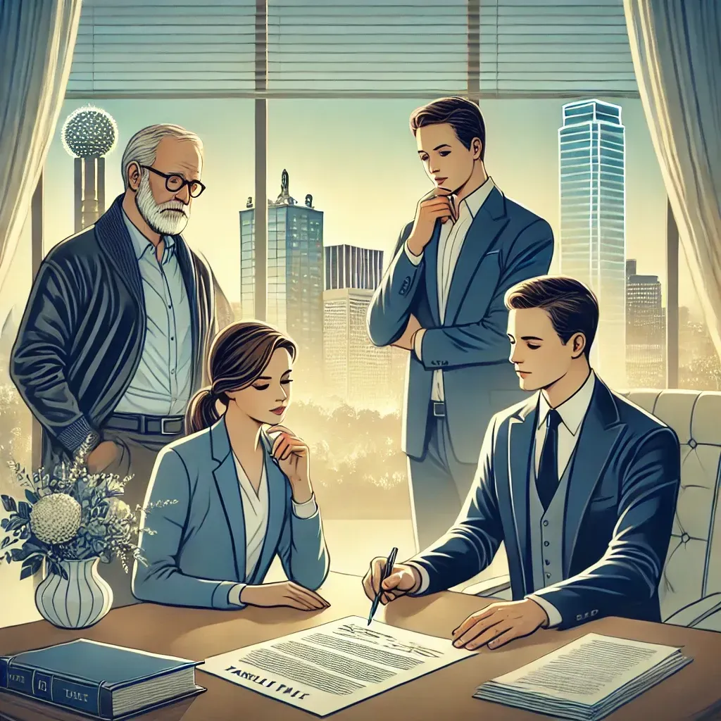A professional illustration of a family meeting with a lawyer in an elegant office, reviewing documents for setting up a family trust. The background shows Dallas landmarks through a window, emphasizing local expertise and thoughtful planning.
