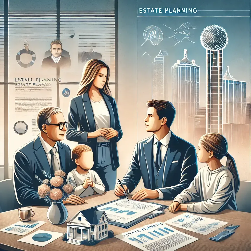 An elegant illustration of a family consulting with an attorney in a professional office setting, with visible legal documents and charts symbolizing estate planning. The background includes Dallas landmarks like Reunion Tower, highlighting the local context and emphasizing trust and collaboration.