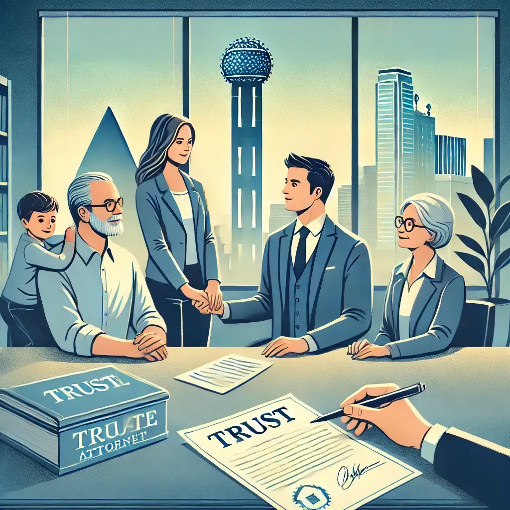An illustration of a family consulting with a probate attorney in a professional office, with legal documents on the desk. The attorney points to a trust document, symbolizing the benefits of avoiding probate. Dallas landmarks like Reunion Tower are visible through the window, emphasizing local expertise and trust.