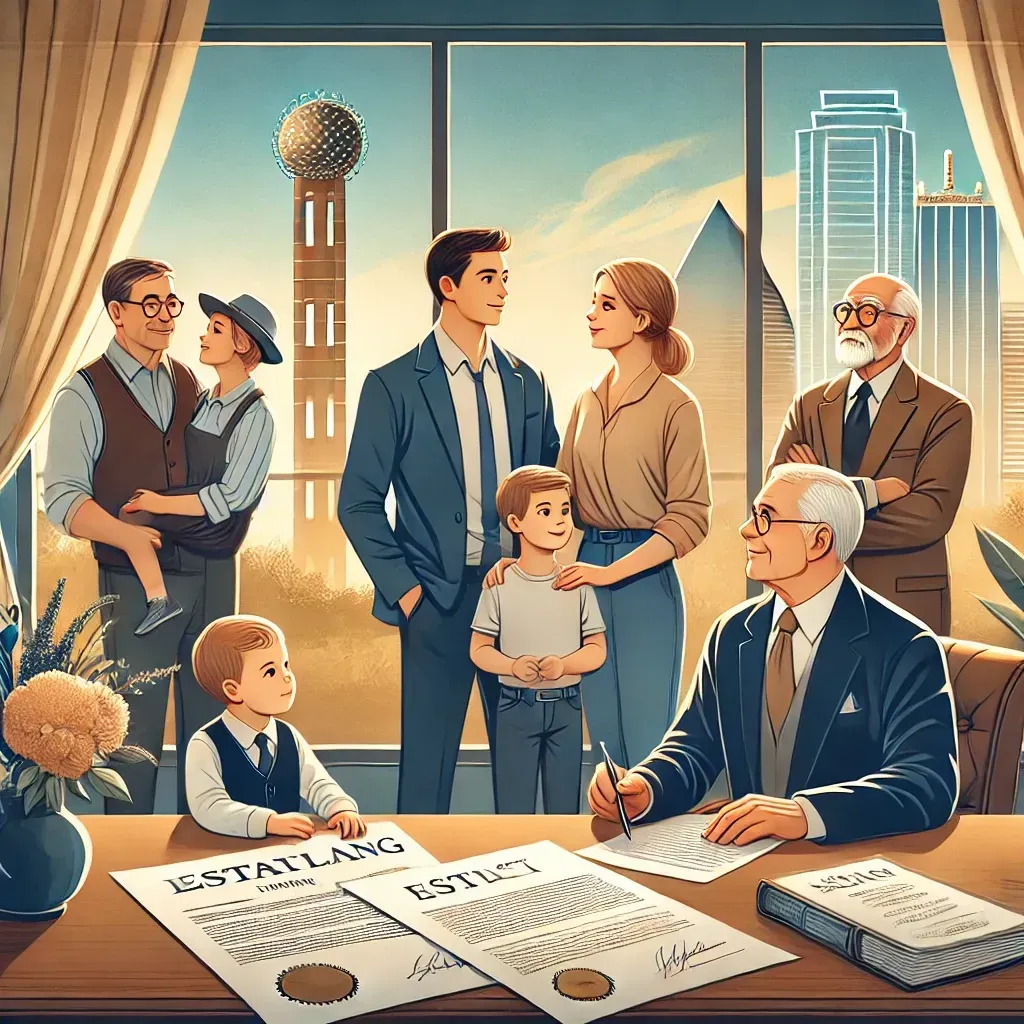 An illustration of a multi-generational family meeting with a lawyer in a professional setting, discussing estate planning and trusts. The scene features a young couple, elderly couple, and children, symbolizing trusts' adaptability to all life stages. Subtle Dallas landmarks are visible in the background, emphasizing security and local expertise.