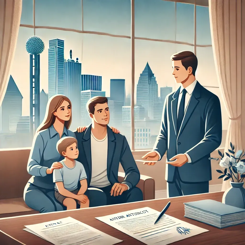 An illustration of a family consulting with an estate attorney in a professional office setting in Dallas. The attorney is explaining a trust document, symbolizing how trusts help avoid probate. Dallas landmarks are visible through a window, emphasizing local expertise and privacy in estate planning.