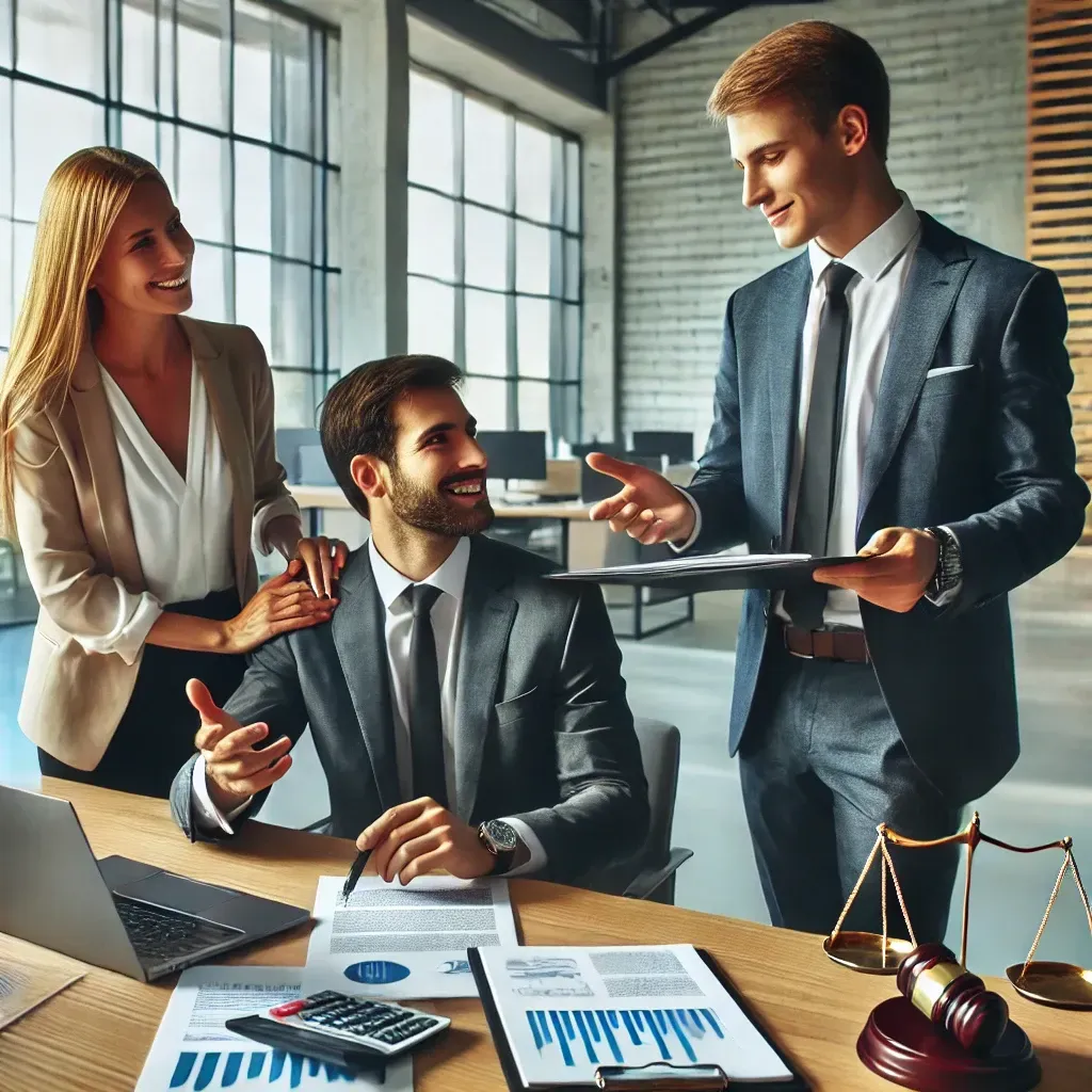 A professional business setting where a consultant, lawyer, and small business owner collaborate. The consultant points to a laptop displaying growth charts, while the lawyer holds legal documents, symbolizing the integration of business consulting and legal services in a modern office environment.