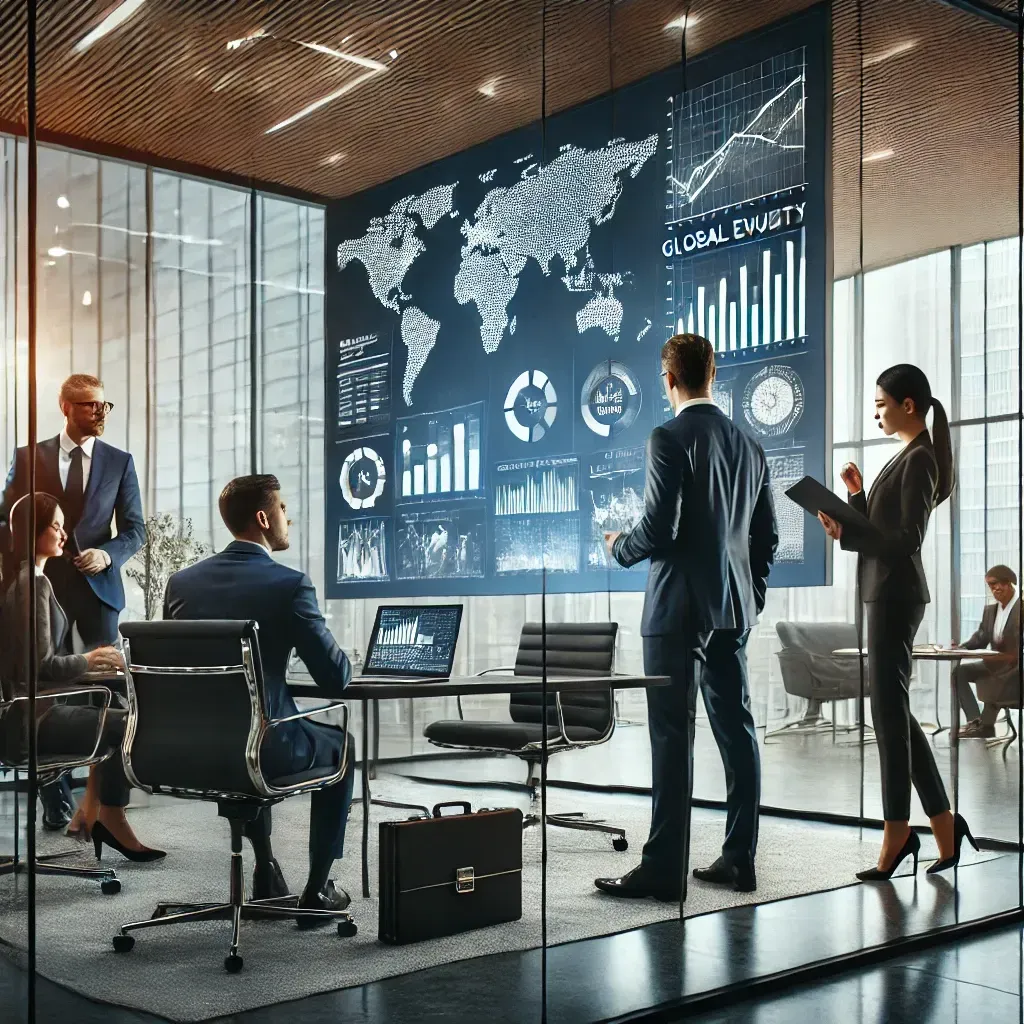 A modern office setting where a business consultant presents global market trends on a screen while a lawyer reviews legal documents with a corporate executive, symbolizing the integration of consulting and legal expertise for business success.