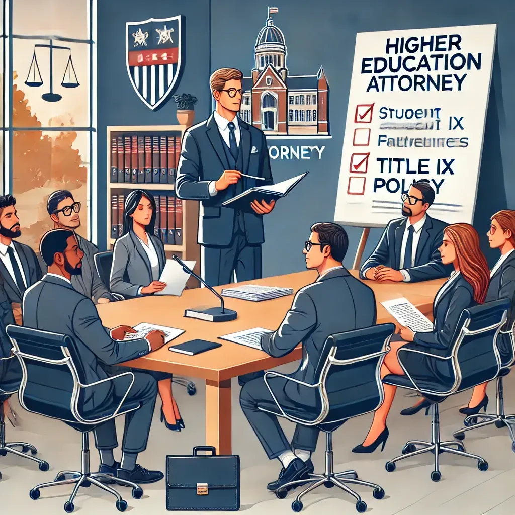 A professional setting showing a higher education attorney advising a diverse group of university administrators around a large conference table. The attorney points to a document labeled