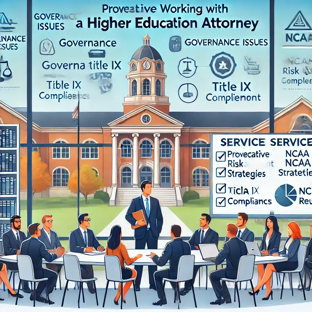 A university campus setting featuring a higher education attorney collaborating with administrators and faculty in a conference room. The attorney presents proactive risk management strategies using documents and charts labeled