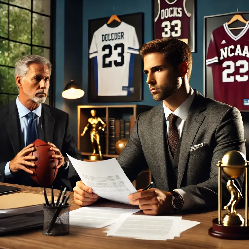 A man in a suit is looking at a piece of paper while another man holds a football